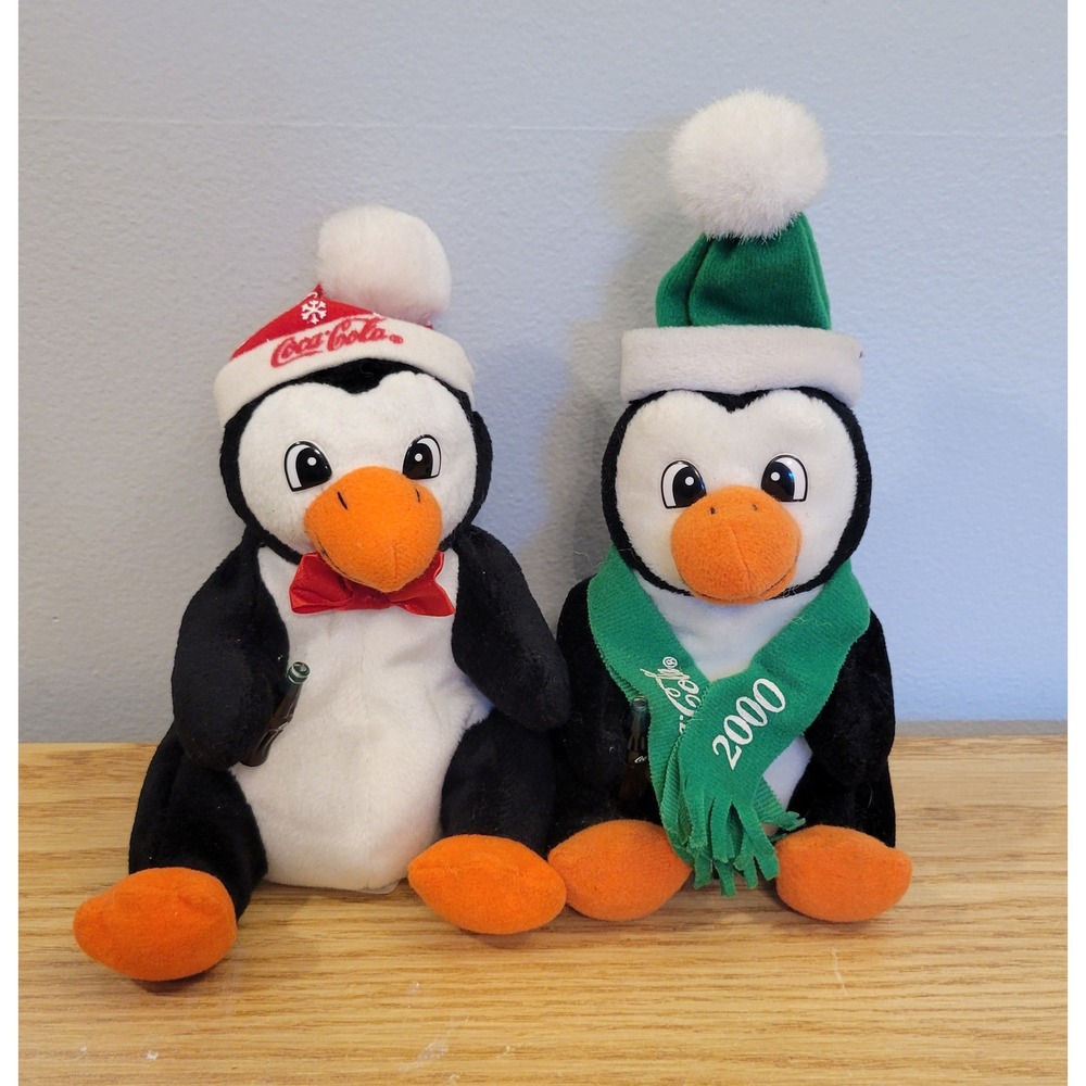 Vintage 1997 1999 Coca-Cola Plush Penguins Pair 2000 Scarf Bottles 0108 0280